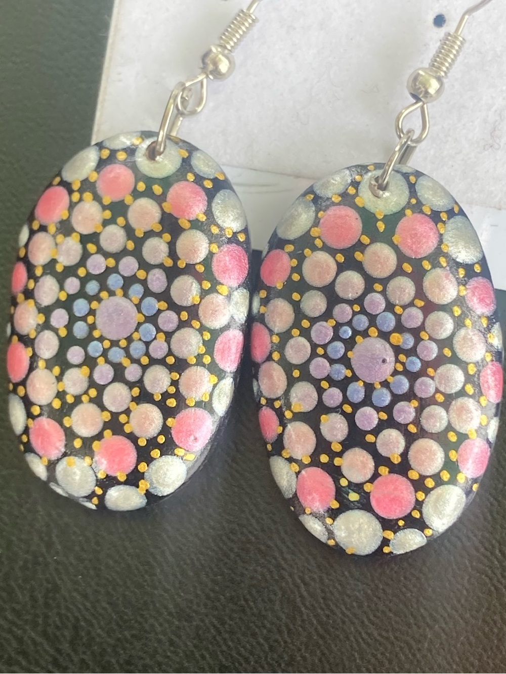 Hand-Painted dot Mandala Oval Earrings with Pink Accents